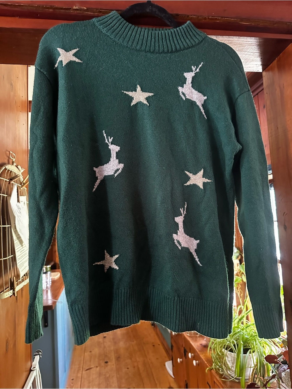 Talbots Green Crewneck Sweater with Silver Reindeer & Stars